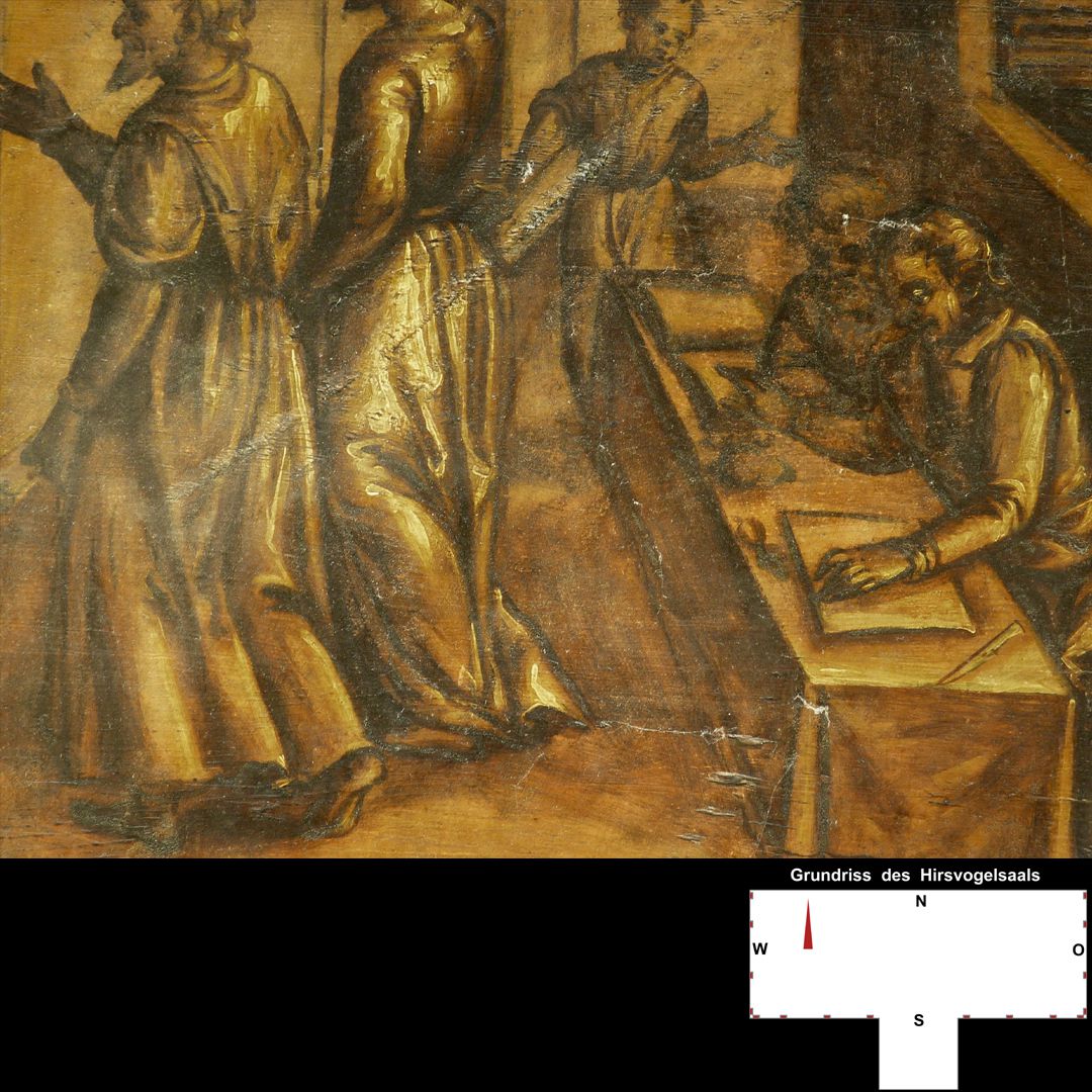 Cäsarenzyklus Vitenszene zu Galba: rechte Bildhälfte mit Szene am "Buchführungstisch"