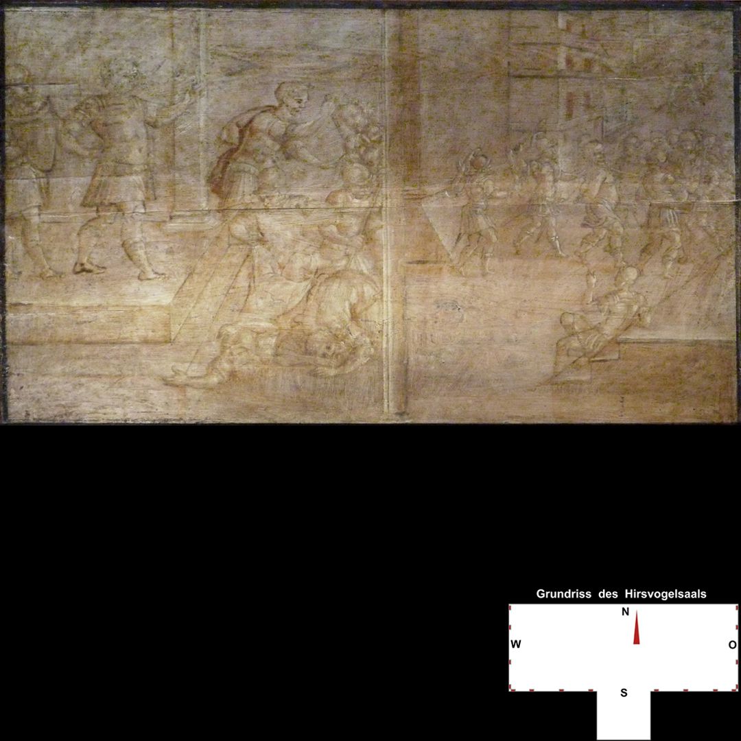 Emperors´ cycle in Hirsvogelsaal Vitenszene zu Vitellius, linke Bildhälfte: Auf Weisung des Kaisers werden Menschen hingerichtet; rechte Bildhälfte: Vitellius wird zur Gemonischen Treppe geführt