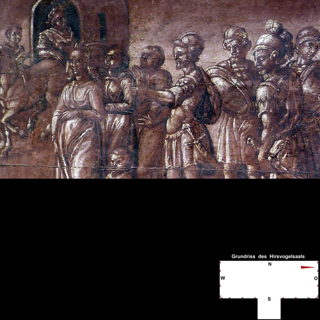 Cäsarenzyklus Vitenszene zu Titus, linke Bildhälfte: Detail mit Kaiserwagen und Gefolge