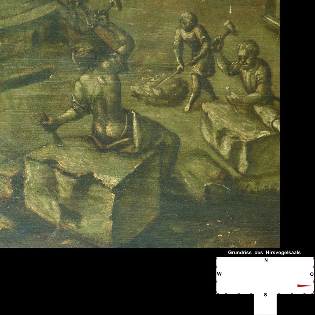 Emperors´ cycle in Hirsvogelsaal Vitenszene zu Domitian, rechte Bildhälfte: Detail mit Steinmetzen