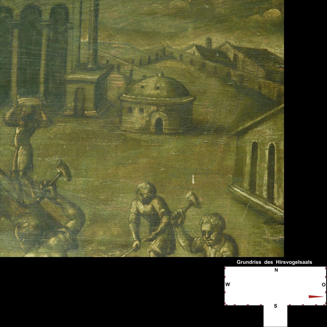 Emperors´ cycle in Hirsvogelsaal Vitenszene zu Domitian, rechte Bildhälfte: Detail mit Handwerkern und Architekturen