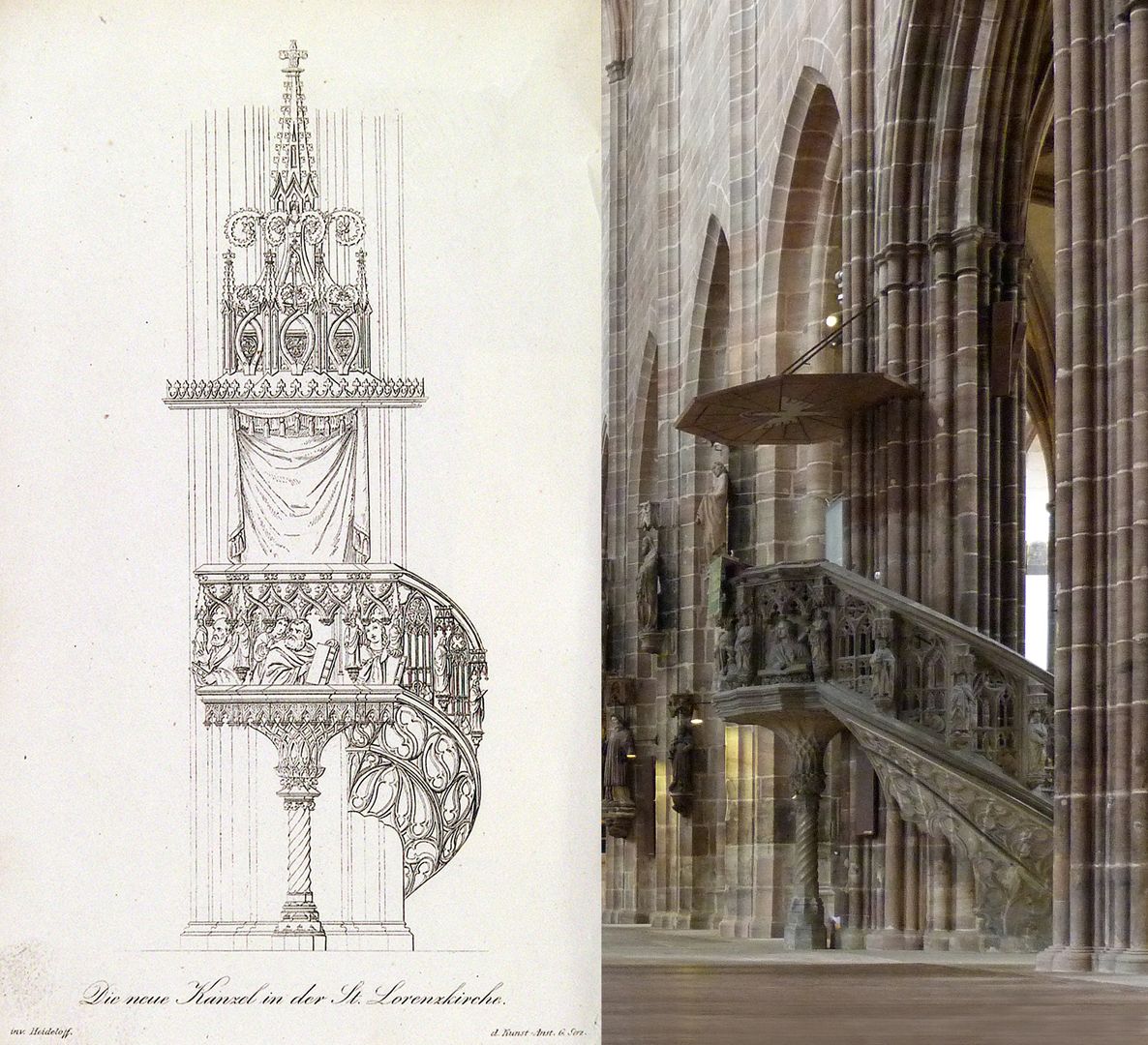 Pulpit Bildvergleich, links Abbildung aus: "Die neue Kanzel in der St. Lorenzkirche". Nürnberg, Riegel und Wießner 1839.