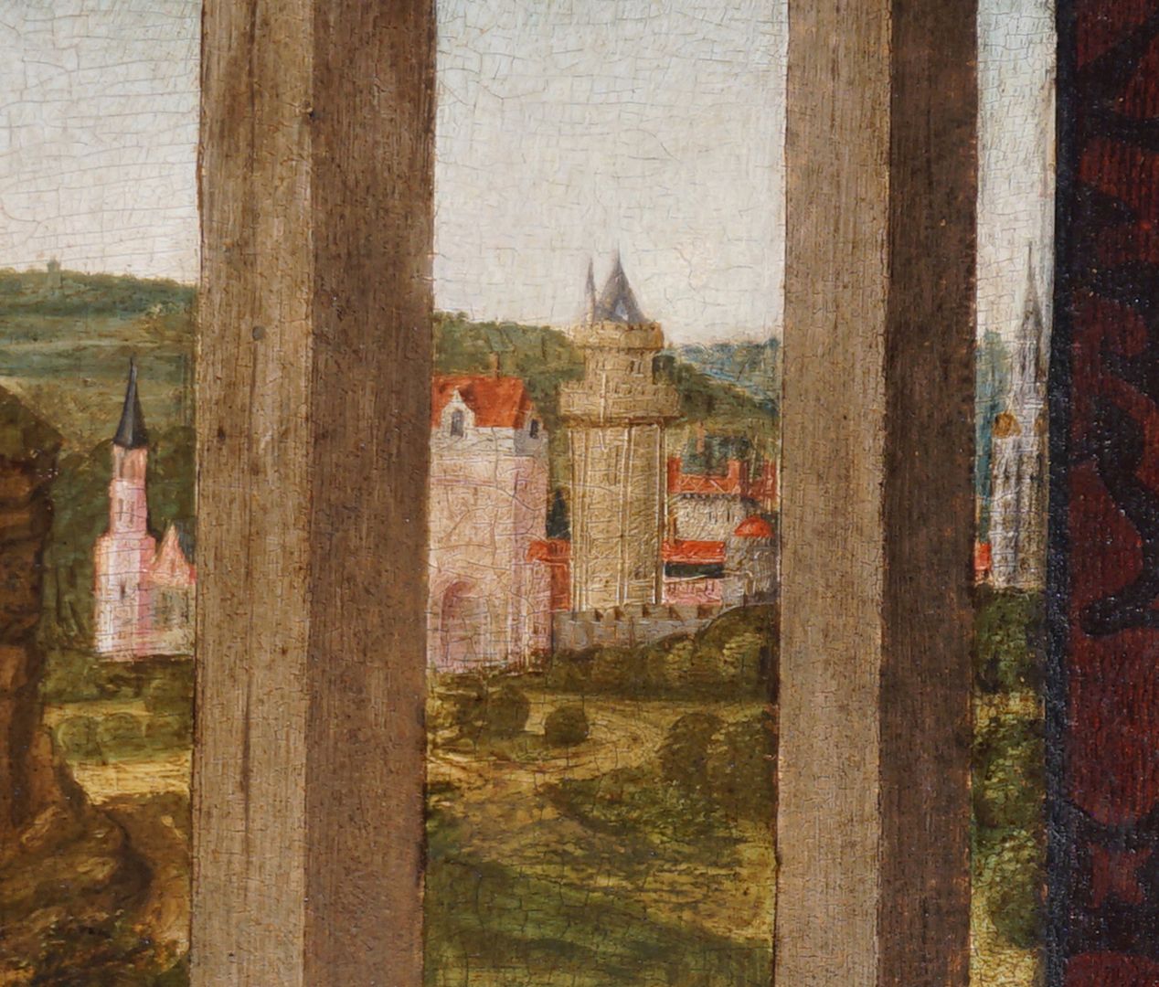 Katharinenaltar Geschlossene Altarflügel, linker Flügel mit Anbetung der Hl. Drei Könige, oberes linkes Bildviertel, Detail mit Ausblick auf eine Stadt