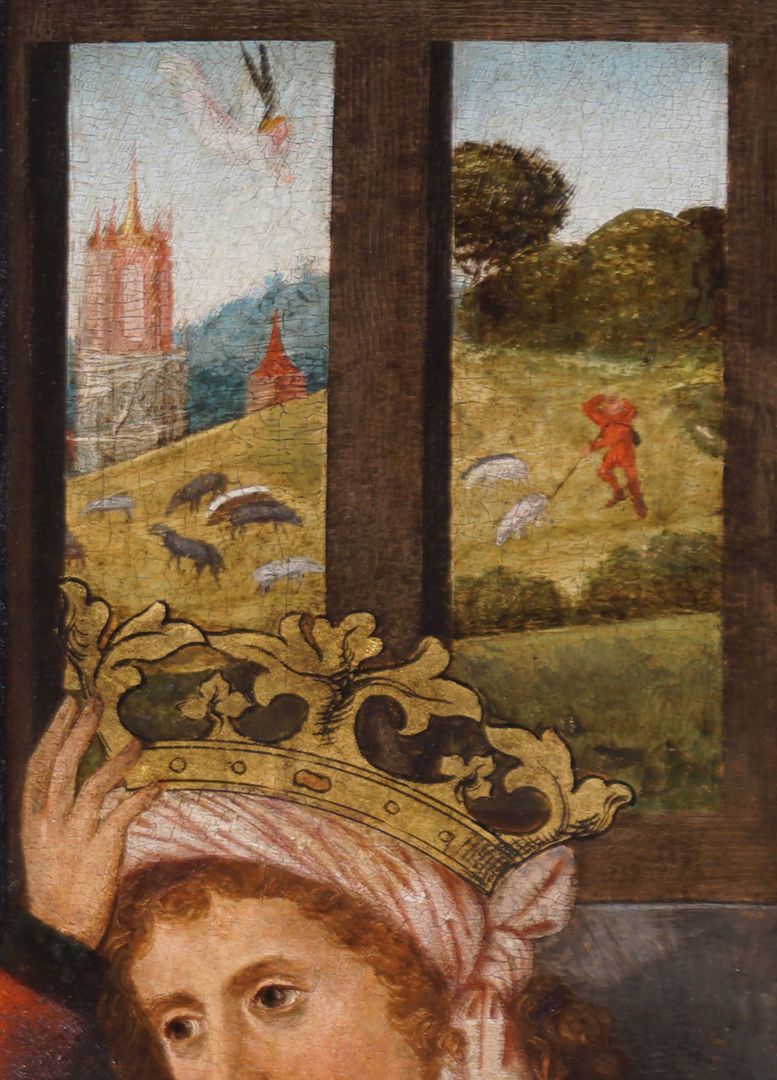 Katharinenaltar Geschlossene Altarflügel, linker Flügel mit Anbetung der Hl. Drei Könige, oberes rechtes Bildviertel, Detail mit Fensteraussicht