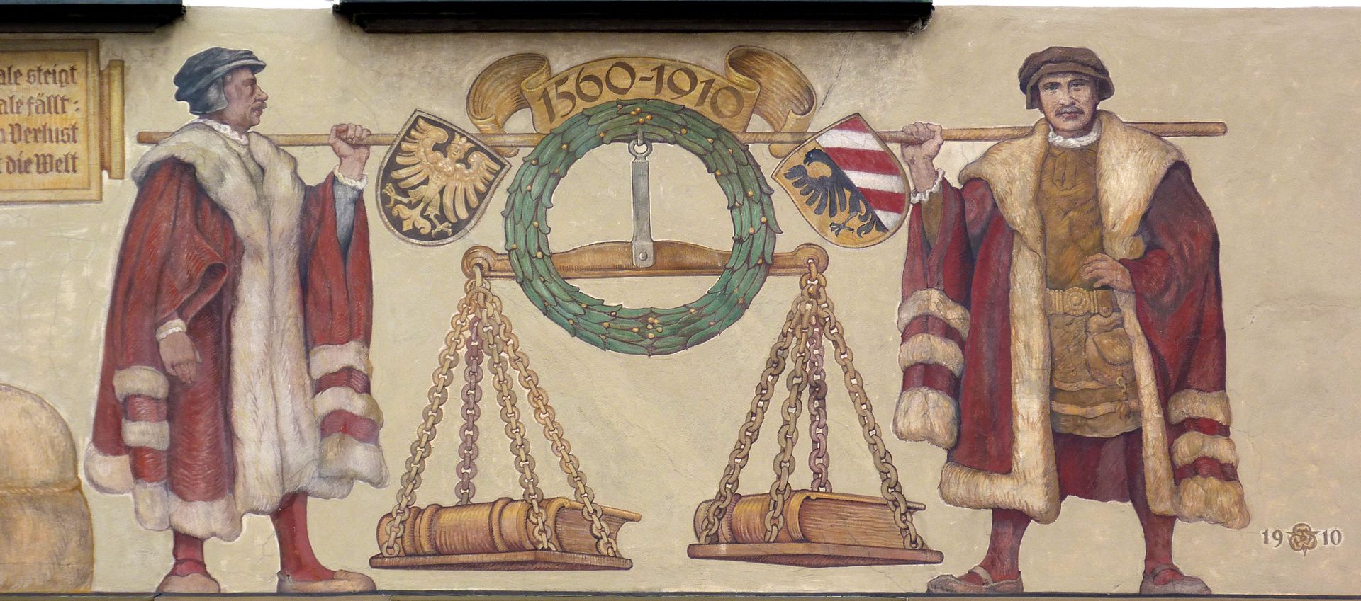 Merchants´ trail South front, bearers of the weighing scale with coat of arms