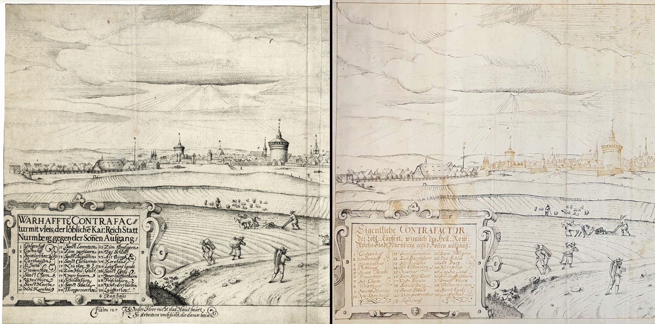 Imperial City of Nuremberg against the Rise of the Sun (east) Image comparison: left copperplate engraving by Wechter, right pen and ink drawing by Kaulitz