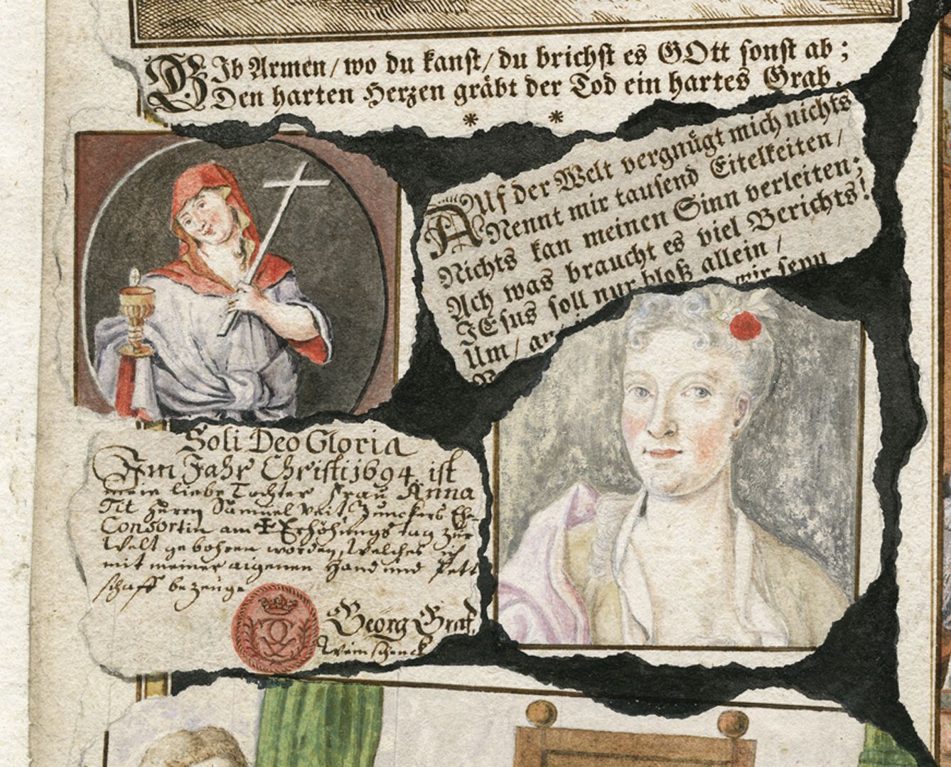 Quodlibet auf den Tod des Weinhändlers Graff Gruppe von "Quodlibetzetteln" am mittleren linken Blattrand. Links unten die "Geburtsurkunde" der Tochter Anna aus dem Jahre 1694