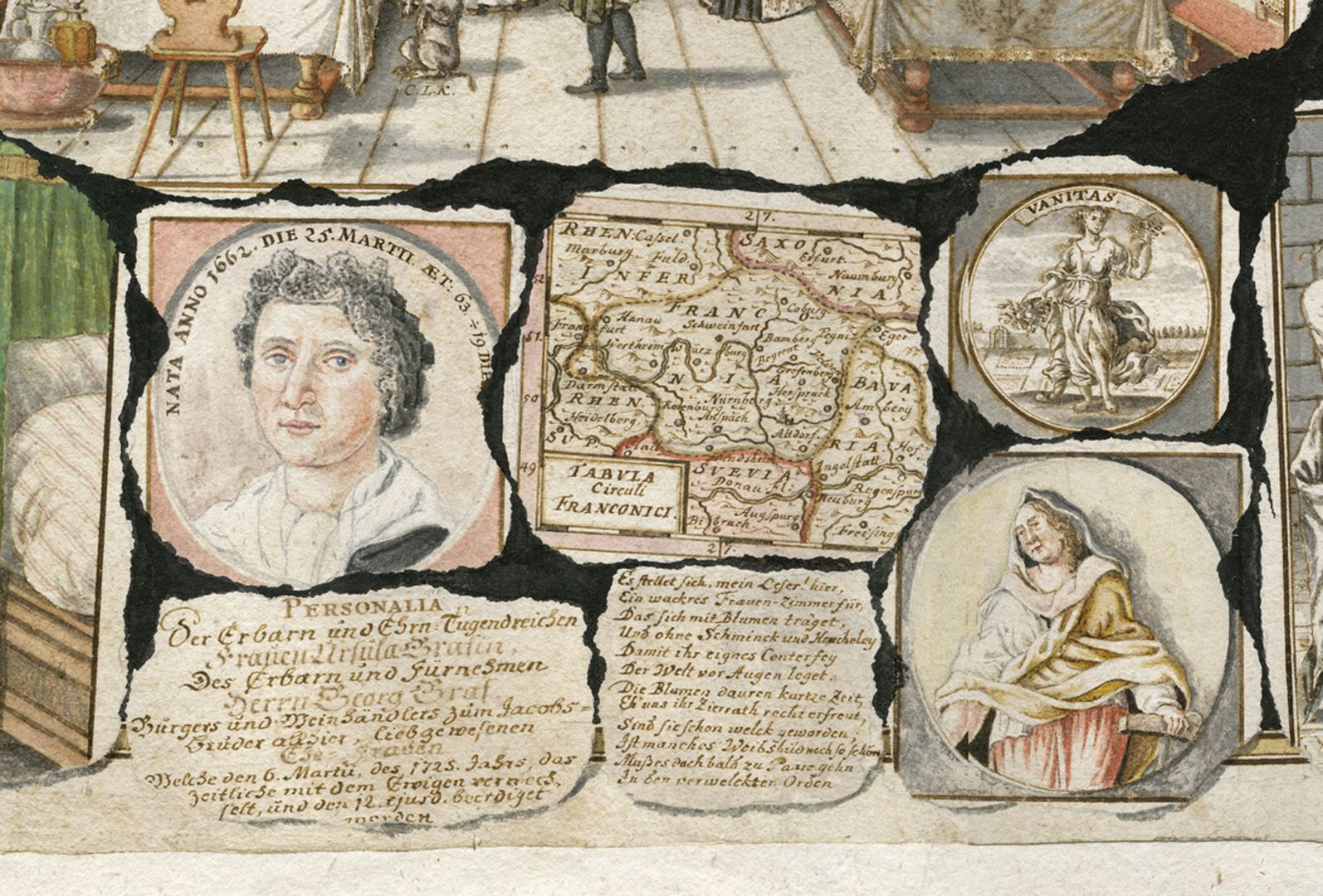 Quodlibet on the death of the wine merchant Graff Middle lower group of "Quodlibetnotes". On the lower left, the death notice of Georg Graff's wife and above her portrait with her year of birth and age at the time of depiction.