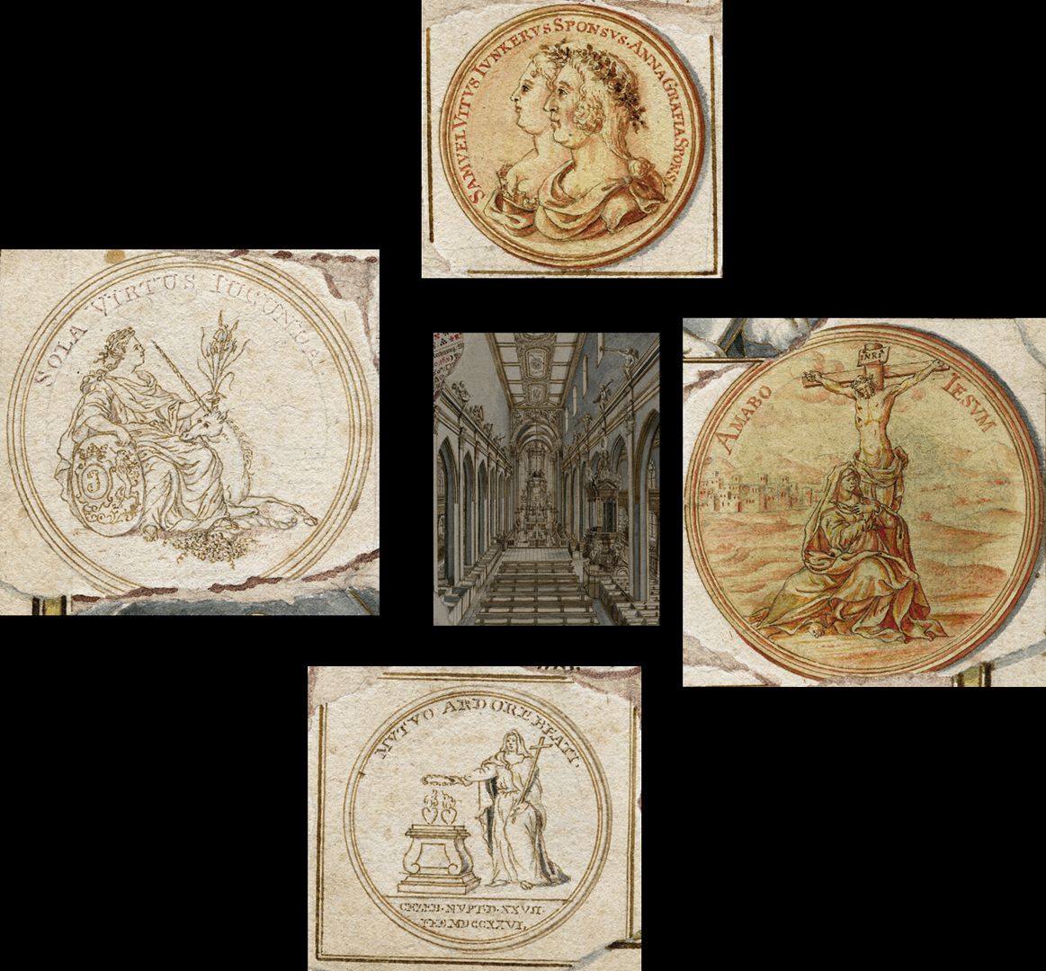 Quodlibet zum Heilig-Geist-Spital Collage der um die Mitte angeordneten Gold- und Silbermedaillen