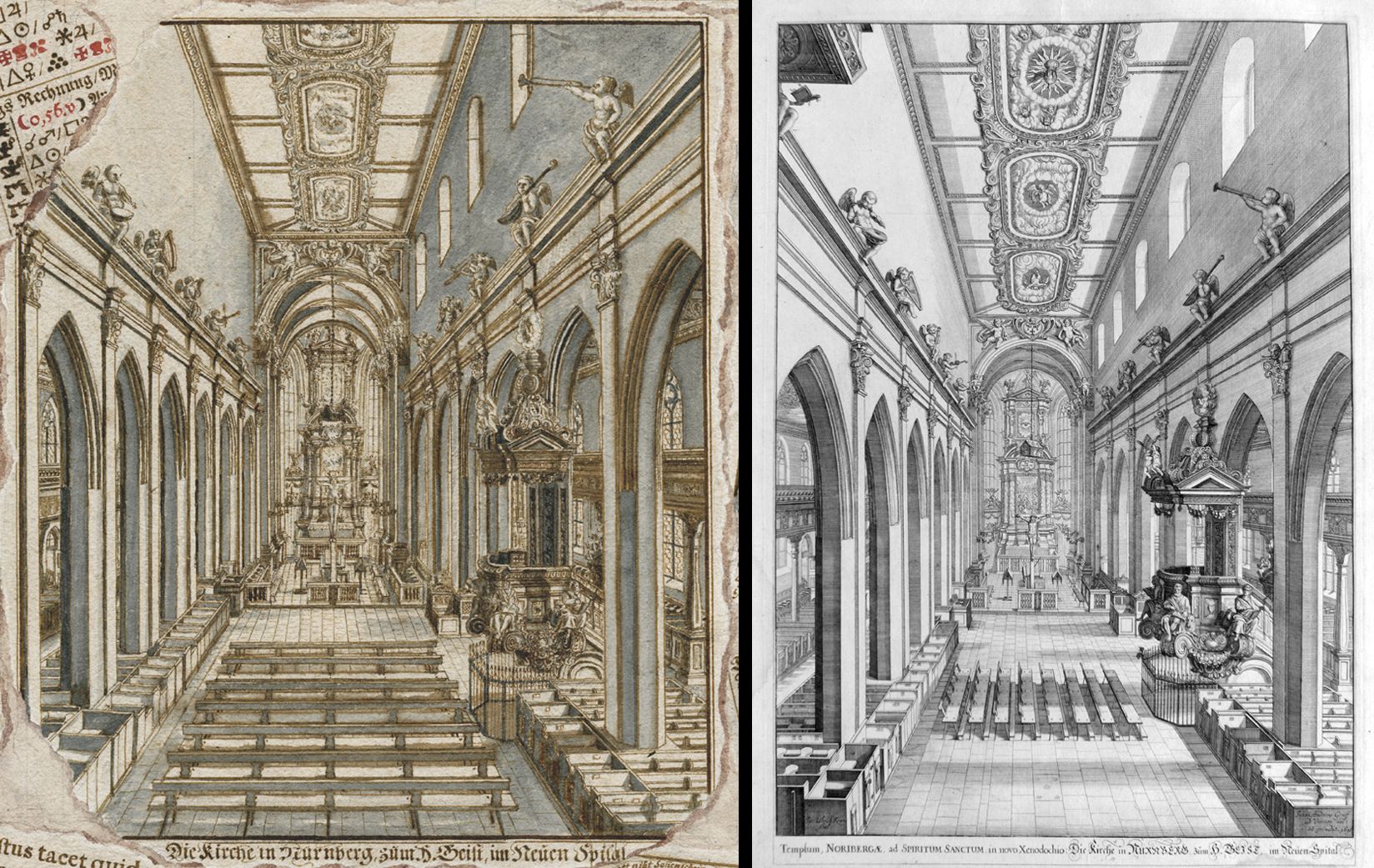Quodlibet zum Heilig-Geist-Spital links Innenansicht der Spitalkirche auf dem Quodlibet, rechts die Vorlage von Johann Andreas Graff aus dem Jahre 1696