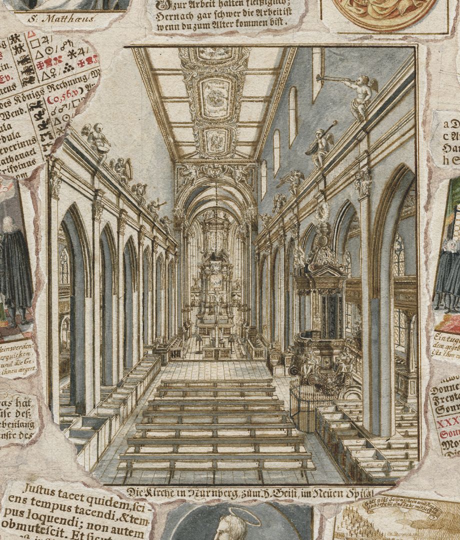 Quodlibet zum Heilig-Geist-Spital zentral positionierte Innenansicht der Spitalkirche nach einem Kupferstich von Johann Andreas Graff aus dem Jahre 1696