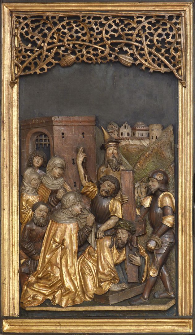 Kreuzaltar linker Flügel unten: Kreuzfall. Als Vorlage diente der 1509 datierte Holzschnitt aus Dürers „kleiner Holzschnittpassion“
