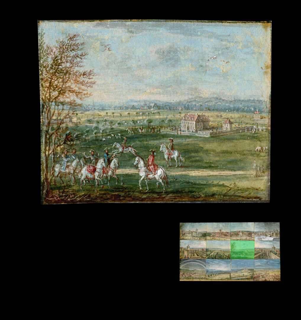 Twelve views of Nuremberg and elsewhere A courtly hunt, a manor house in the background