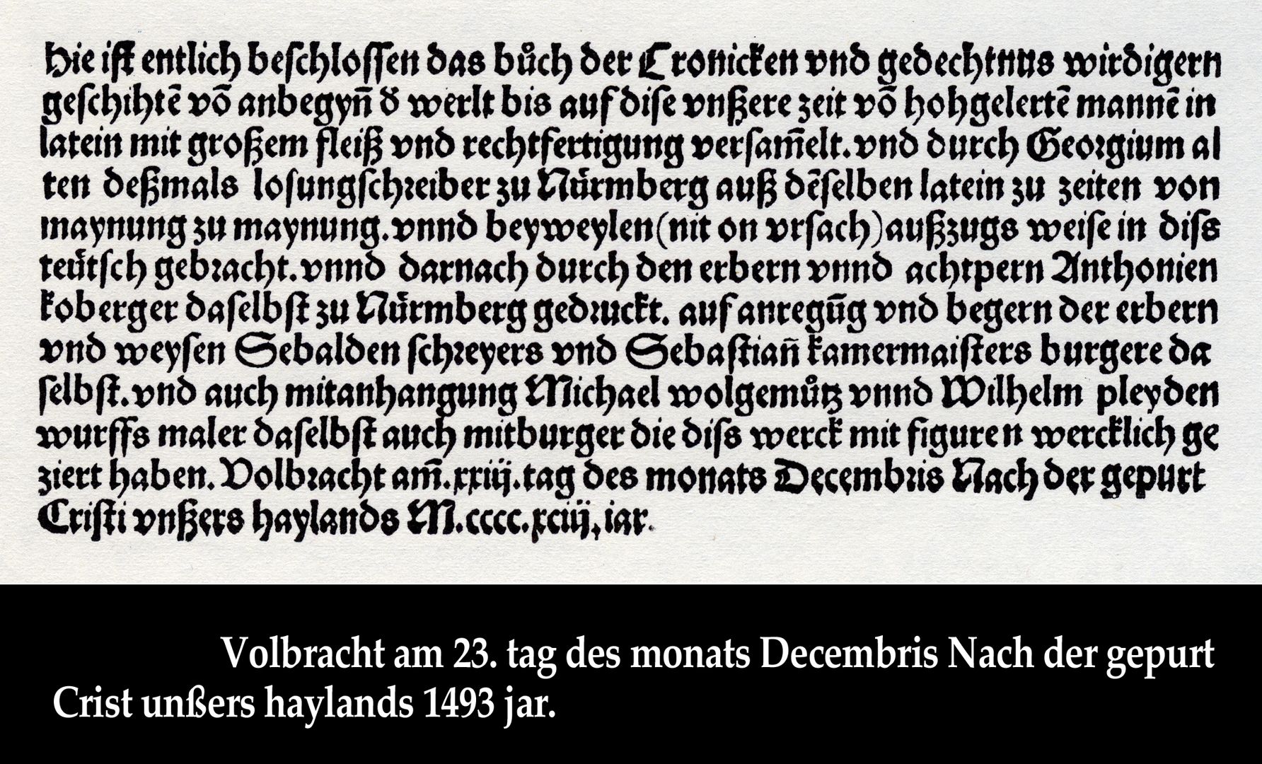 Anton Koberger / Memorial Stone Text section of the last page from the Schedel's World Chronicle of 1493