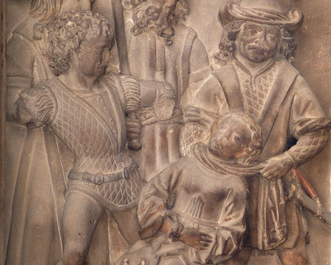 Erdrosselung der hl. Beatrix Detail mit den beiden Peinigern von Beatrix / Reste einer Farbfassung
