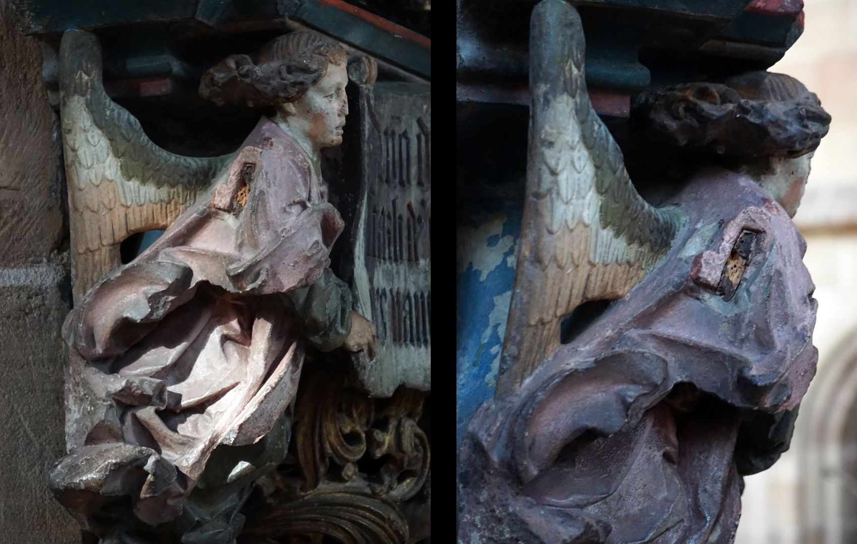 Epitaph of Hans Rebeck seitlicher Engel auf der linken Seite mit einem Zapfenloch (Befestigung für ein hölzernes Spruchband ?)