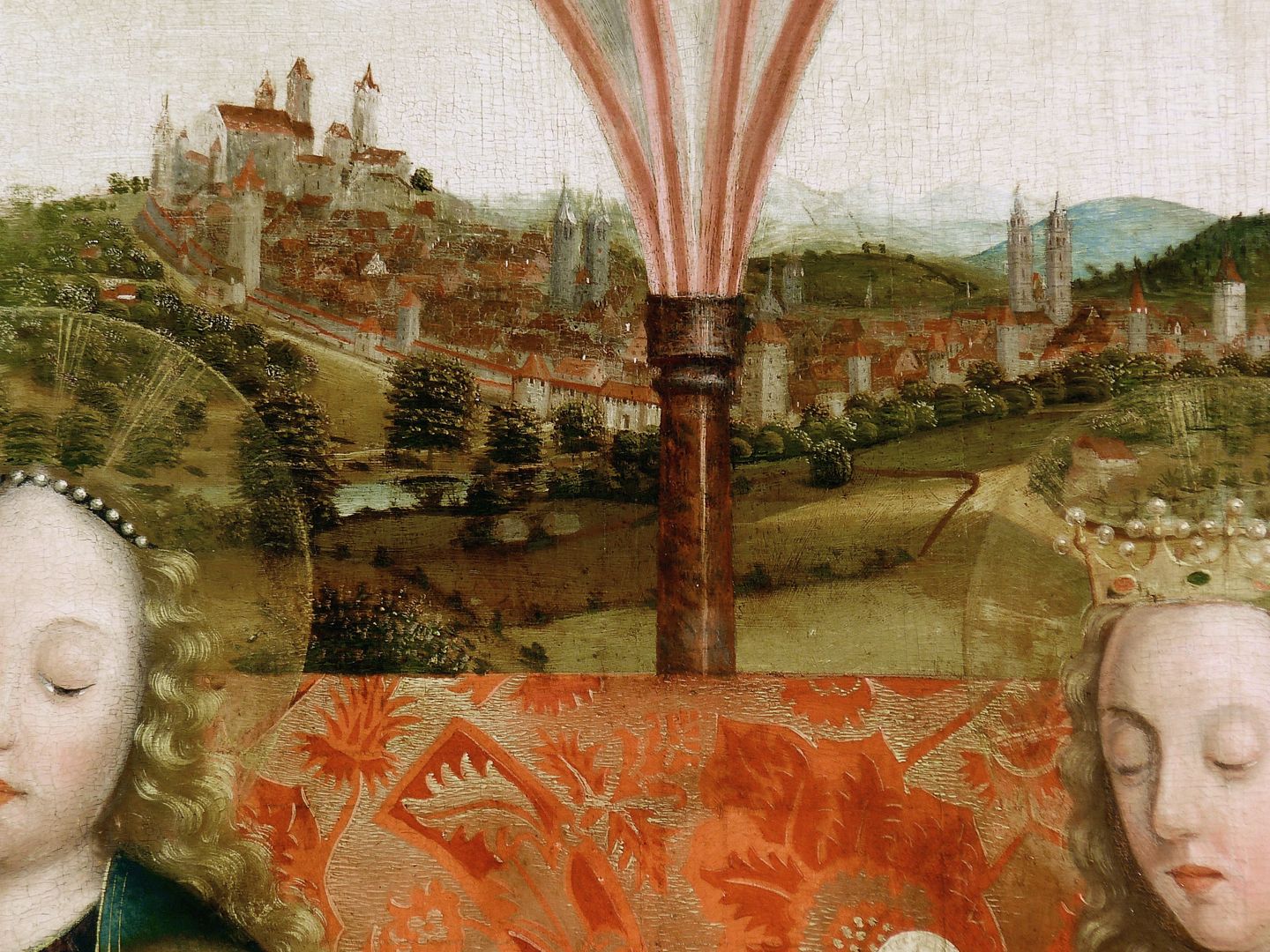 Krell-Altar oberer Bereich der Mitteltafel, Detail mit Maria, Barbara und oberer Bereich der Mitteltafel, Detail mit Maria und Stadtansicht von Nürnberg im Hintergrund