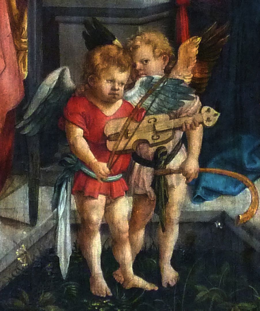 Epitaph for Provost Lorenz Tucher Central panel, detail: Angel boys with fiddle and crumhorn making music