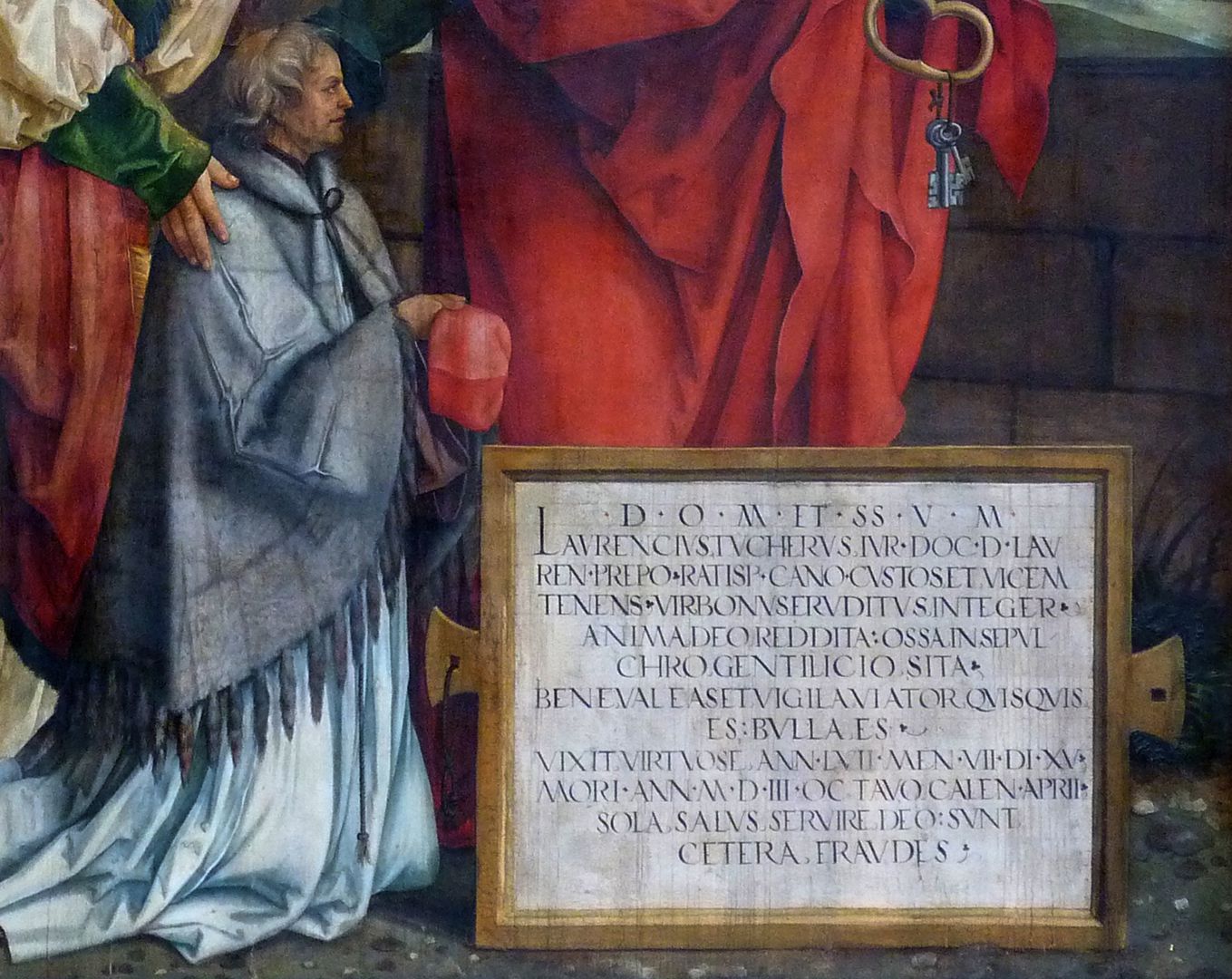 Epitaph for Provost Lorenz Tucher Left panel, detail: Provost Tucher and inscription panel