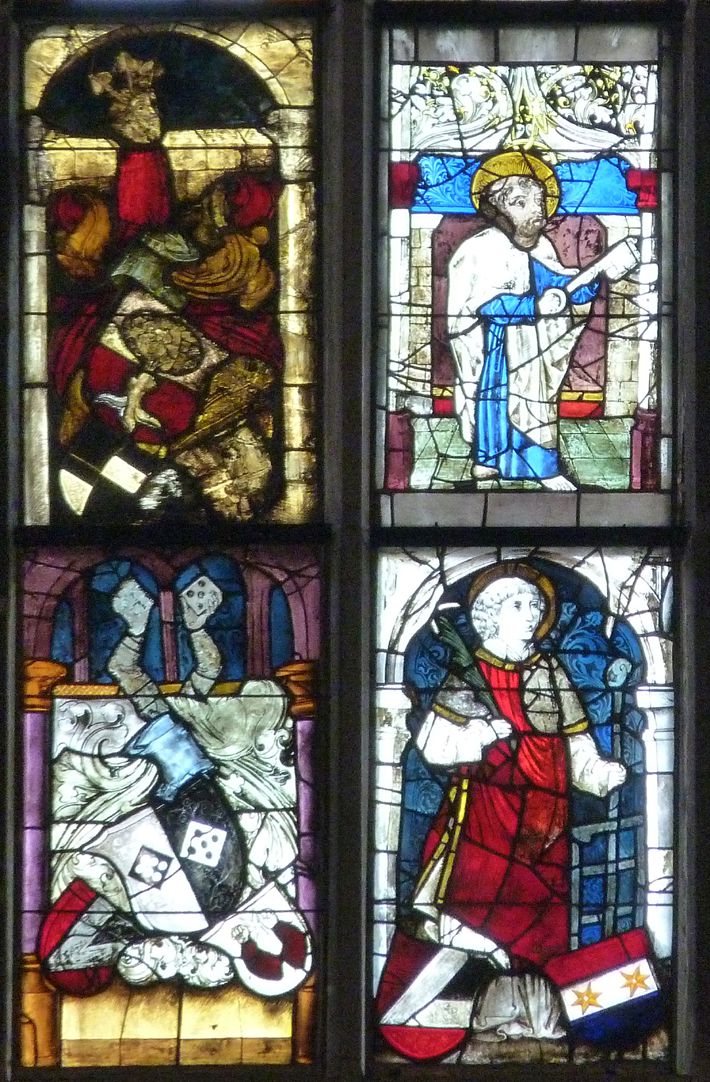 Ratsfenster unterstes Band, linke Hälfte, oben: links Pirckheimerwappen, rechts Petrus; unten: links, Topplerwappen, rechts Laurentius