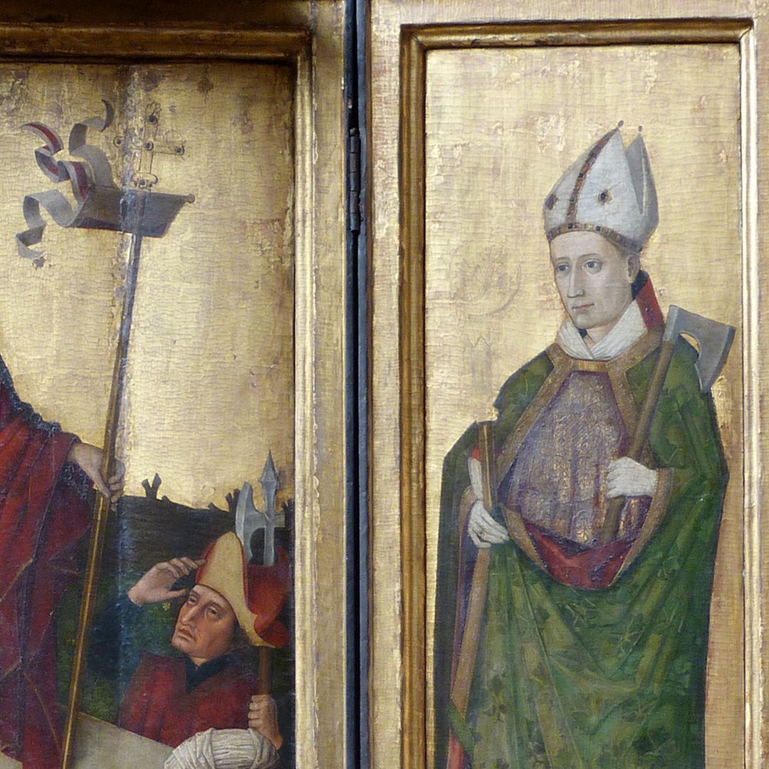 Wolfgangsaltar links ein Wächter der Auferstehungsszene, rechts Bischof Wolfgang