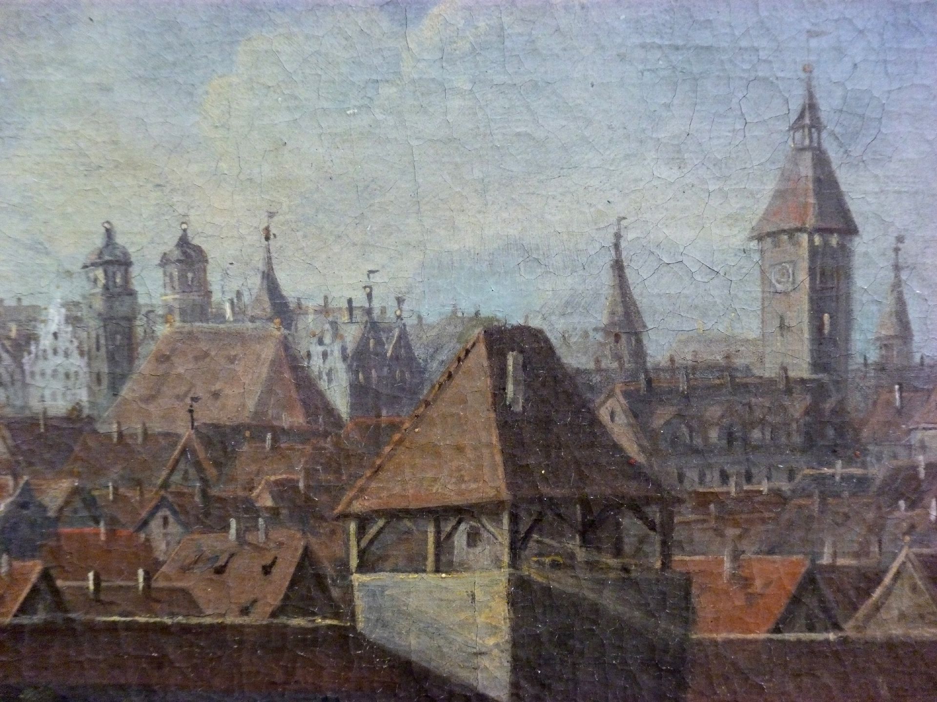 View of the City of Nuremberg from the east Detail with Egidienberg (Egidien hill), wall (tower black Z) and Innerer Laufer Gate tower