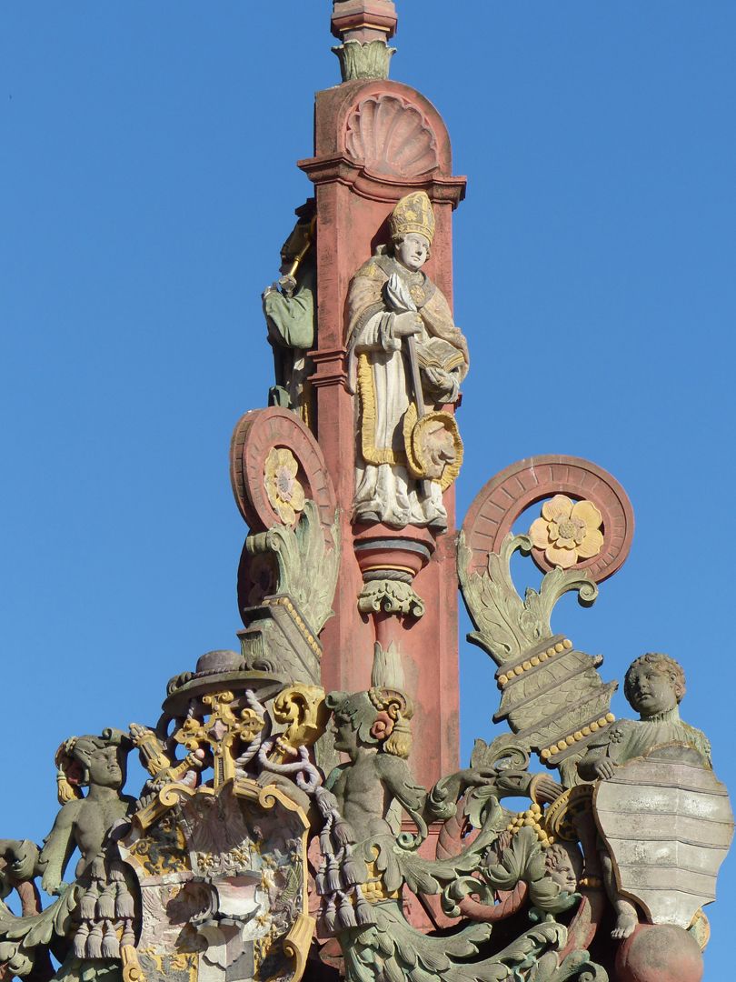 Market Fountain in Mainz View of the fountain crowning from the north west with coat of arms of Cardinal Albrecht of Brandenburg, Archbishop of Mainz