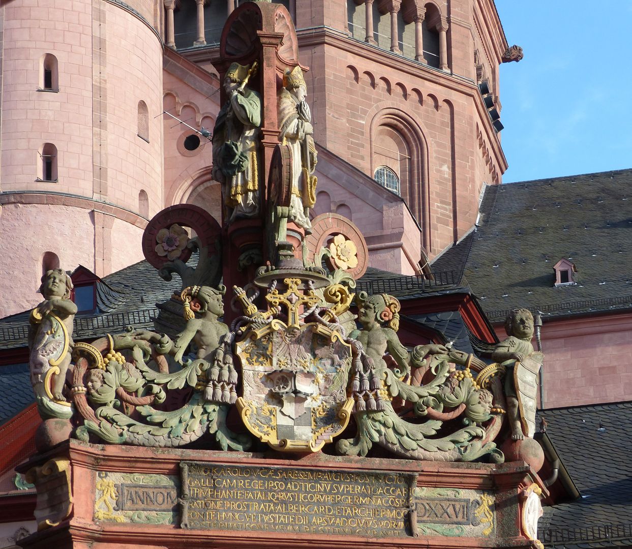 Market Fountain in Mainz View of the fountain crowning from the north with coat of arms of Cardinal Albrecht of Brandenburg, Archbishop of Mainz
