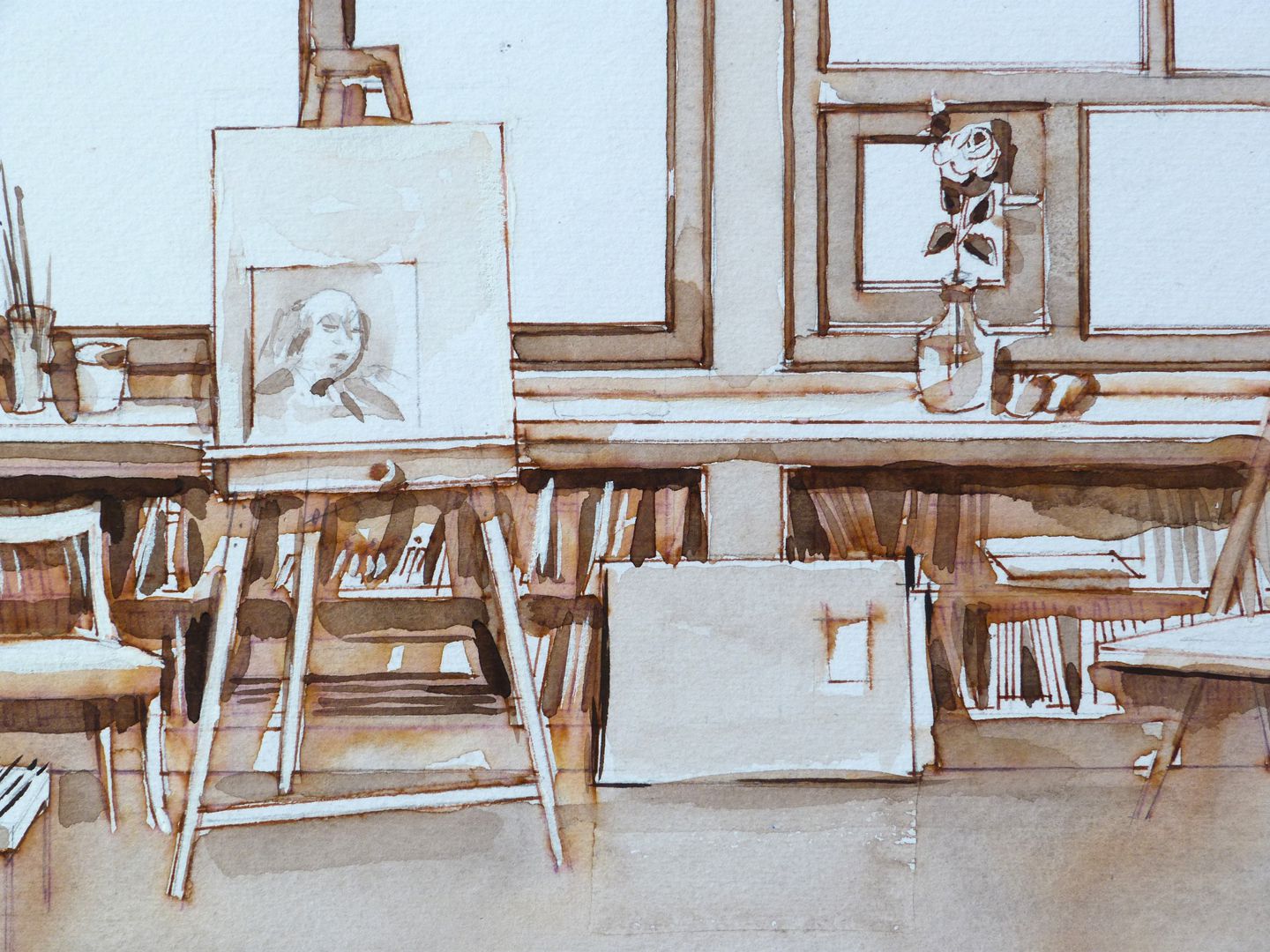 My studio Interior of the studio, detail with self-portrait on the easel, drawings, folders, books etc.
