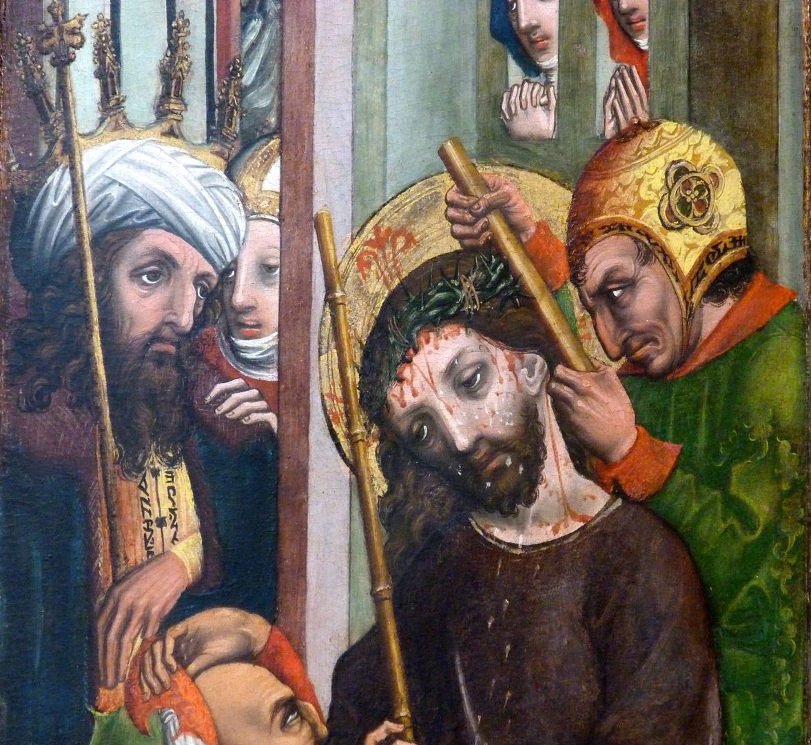 Passionsaltar der Johanniskirche linke Tafel, obere Hälfte, Dornenkrönung vor Kaiphas