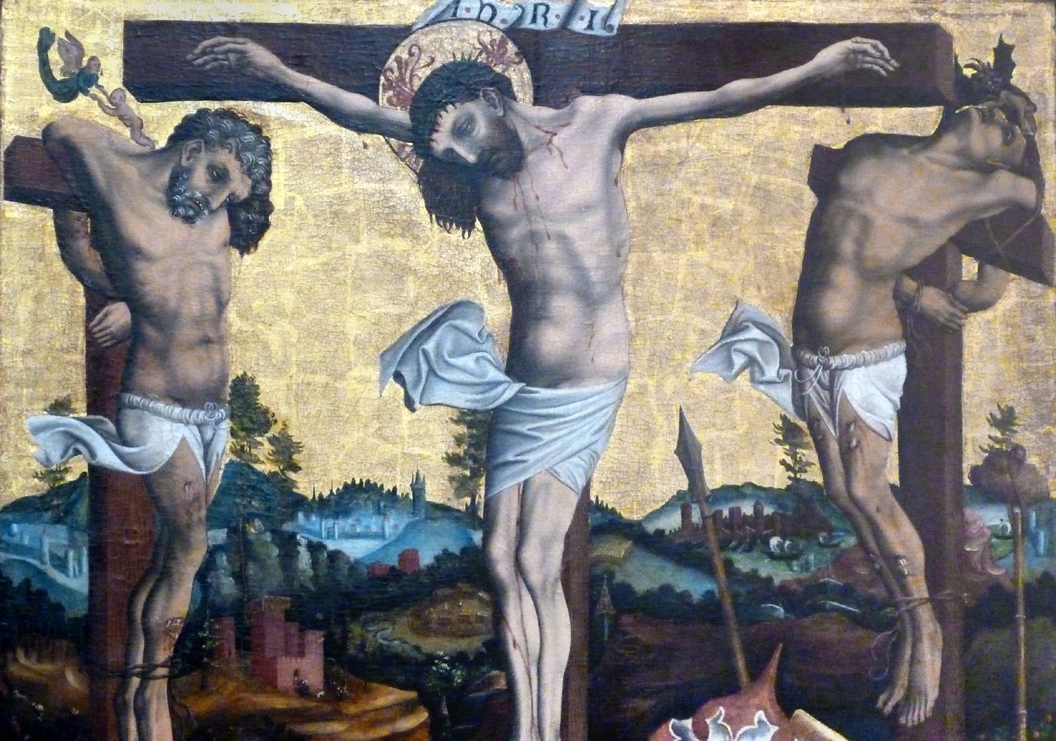 Passionsaltar der Johanniskirche Mitteltafel, Detail der Gekreuzigten im Moment deren Todes, man siehe die Seele des Guten und des bösen Schächers