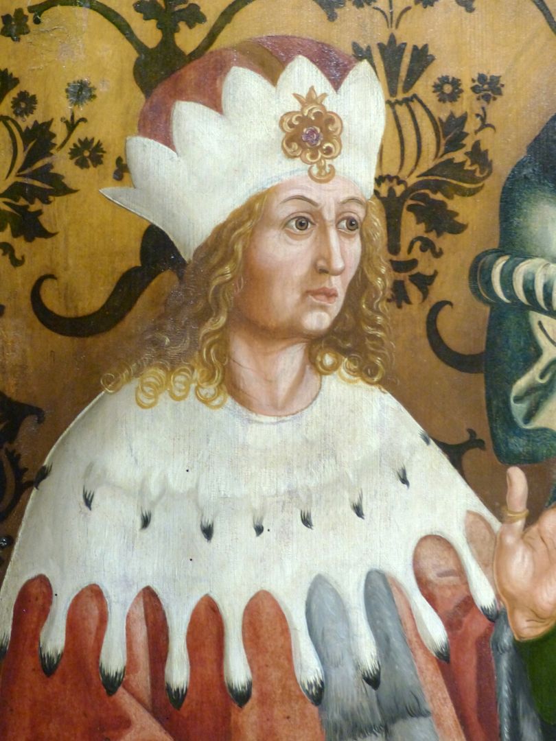Münnerstädter Retabelflügel Kilian ermahnt das Herzogspaar. Detail mit Frankenherzog Gozbert. (Der Herzog sieht wie ein polnischer König aus).