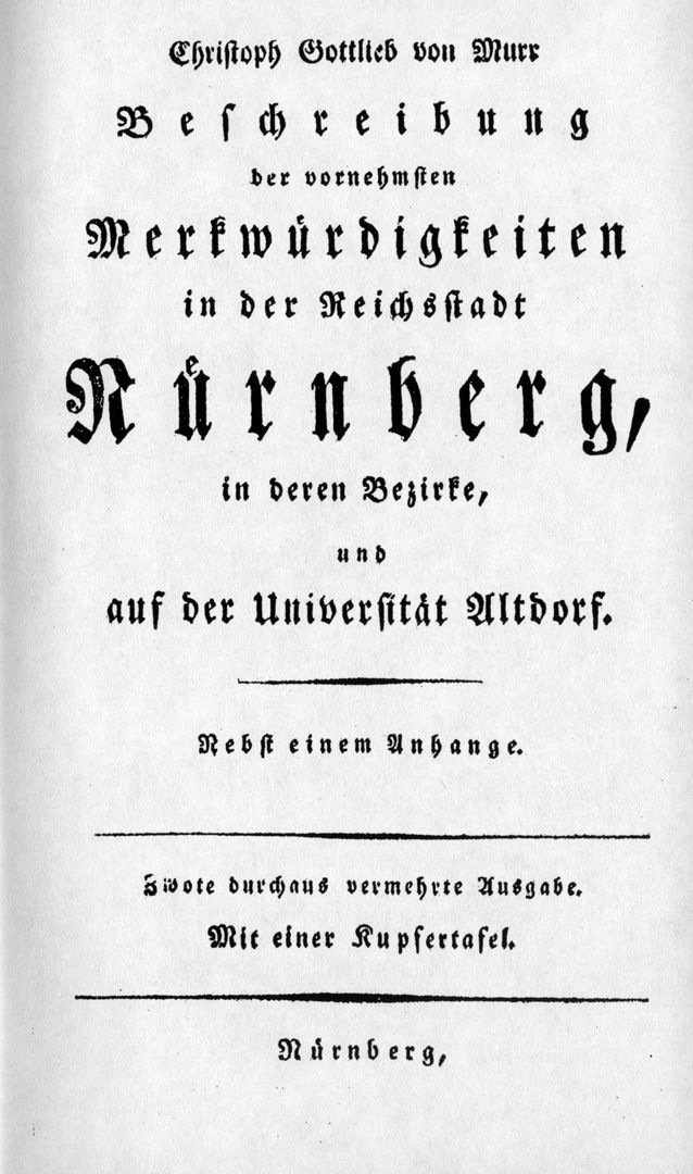 Description of the most distinguished curiosities in the Imperial City of Nurembergin its districts Title page