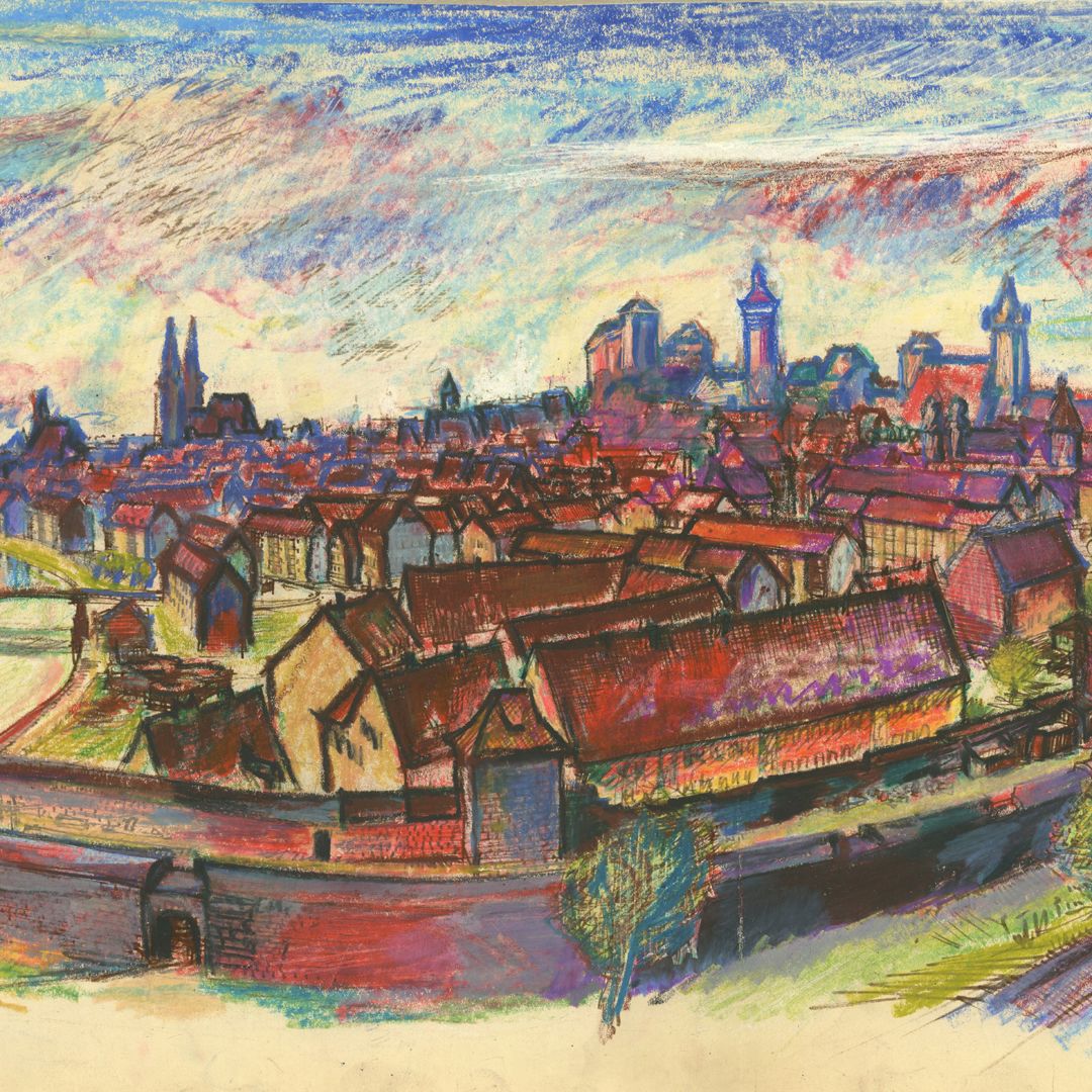 Panoramablick vom Laufertorgraben auf die Nürnberger Altstadt Detailansicht mit Hübnerstor, Stadtsilhouette von der Frauenkirche bis zum Laufer Schlagturm
