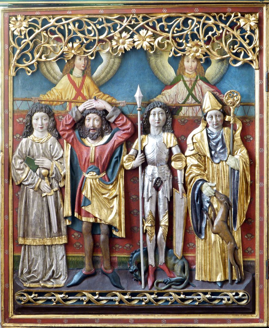 Osternoher Altar linker Flügel, von l. nach r.: Hll. Cyriakus, Pantaleon, Georg und Ägidius