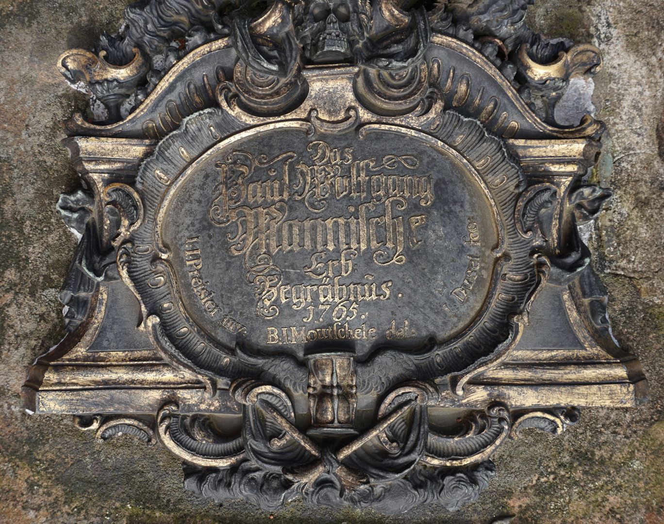 Epitaph for the bookseller Paul Wolfgang Mann.Ä. Lower cartouche with inscription: The Paul Wolfgang Mannische Erb:Begräbnus. 1765