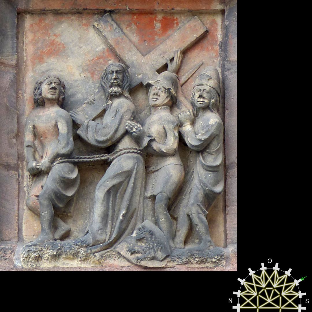 Passionsreliefs Jesus trägt das Kreuz und hat Hilfe von Simon von Cyrene – Wappen der Grundherr