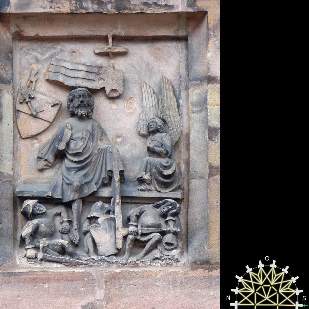 Passionsreliefs Auferstehung, Jesus steigt aus dem Grab, vorne die schlafenden Wächter – Wappen der Herdegen