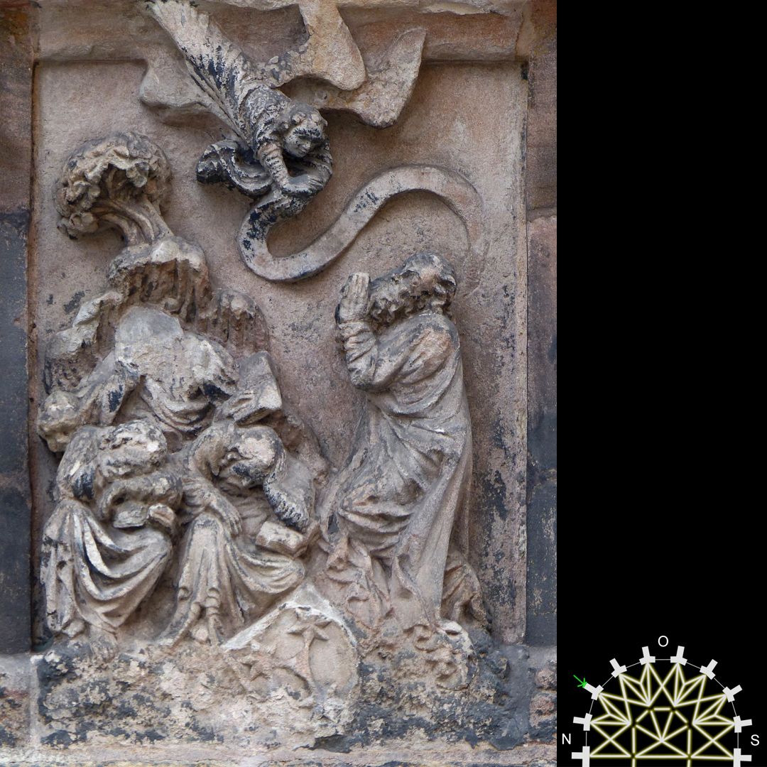 Passionsreliefs Christus erscheint ein Engel am Oelberg, die Jünger schlafen - Wappen der Geuder