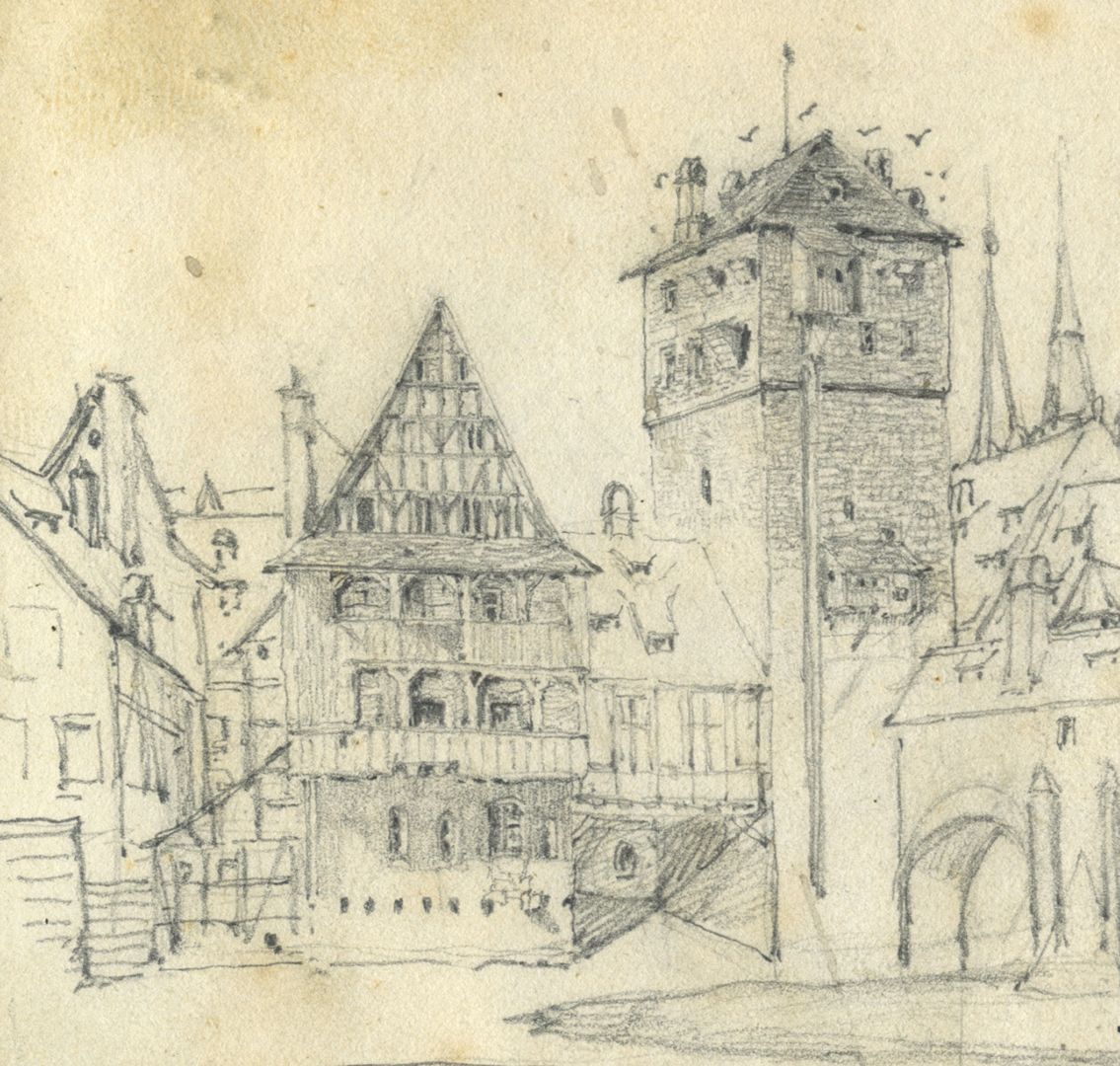 Skizzenbuch von Paul Ritter Blick auf Weinstadel, Wasserturm und Henkersteg, Detail