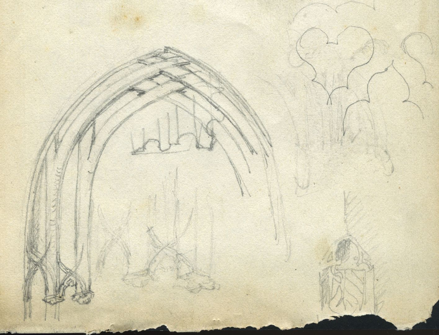 Skizzenbuch von Paul Ritter Nürnberg, Unschlitthaus, Portaldetails, untere Blatthälfte, unten rechts die SW-Ecke mit Stadtwappen und Astwerk