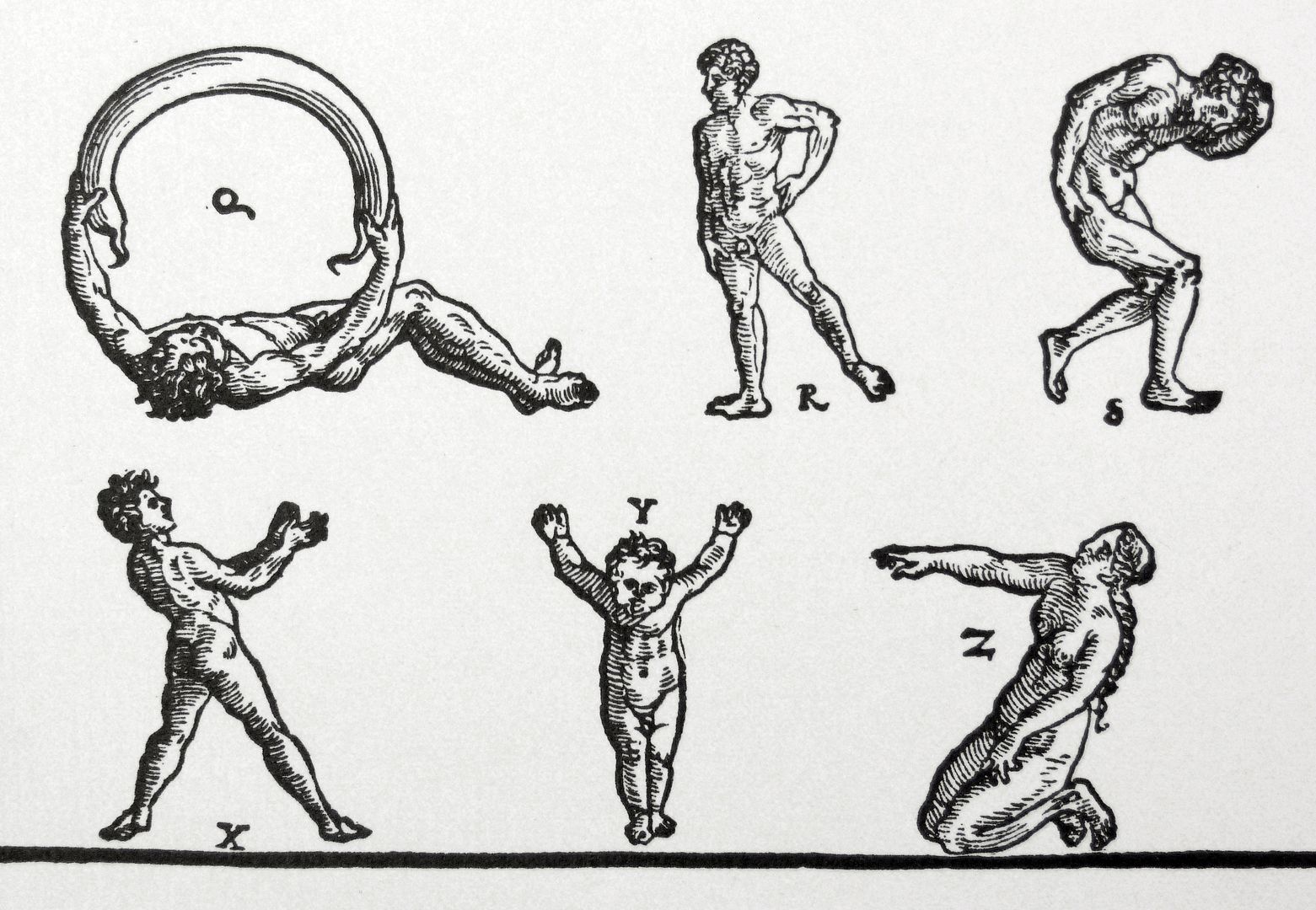 The Human Alphabet Detail, see upper left Q: a lying man holds in both hands a sausage bent to a semicircle. (see artist's signature)
