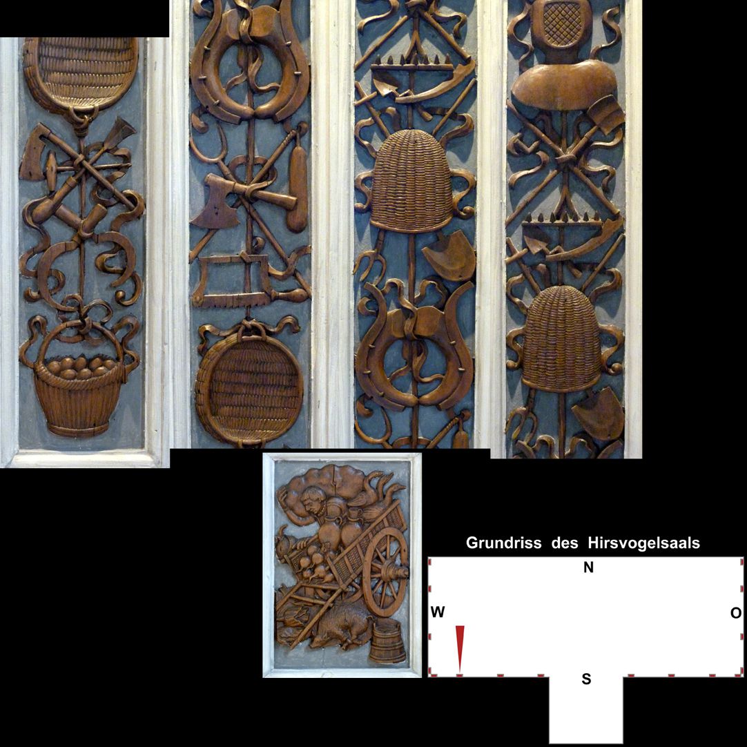 Pilasterabfolge im Hirsvogelsaal oben: Pilastersegmente mit Geräten aus der Gärtnerei und Imkerei; unten: Postament mit Karren