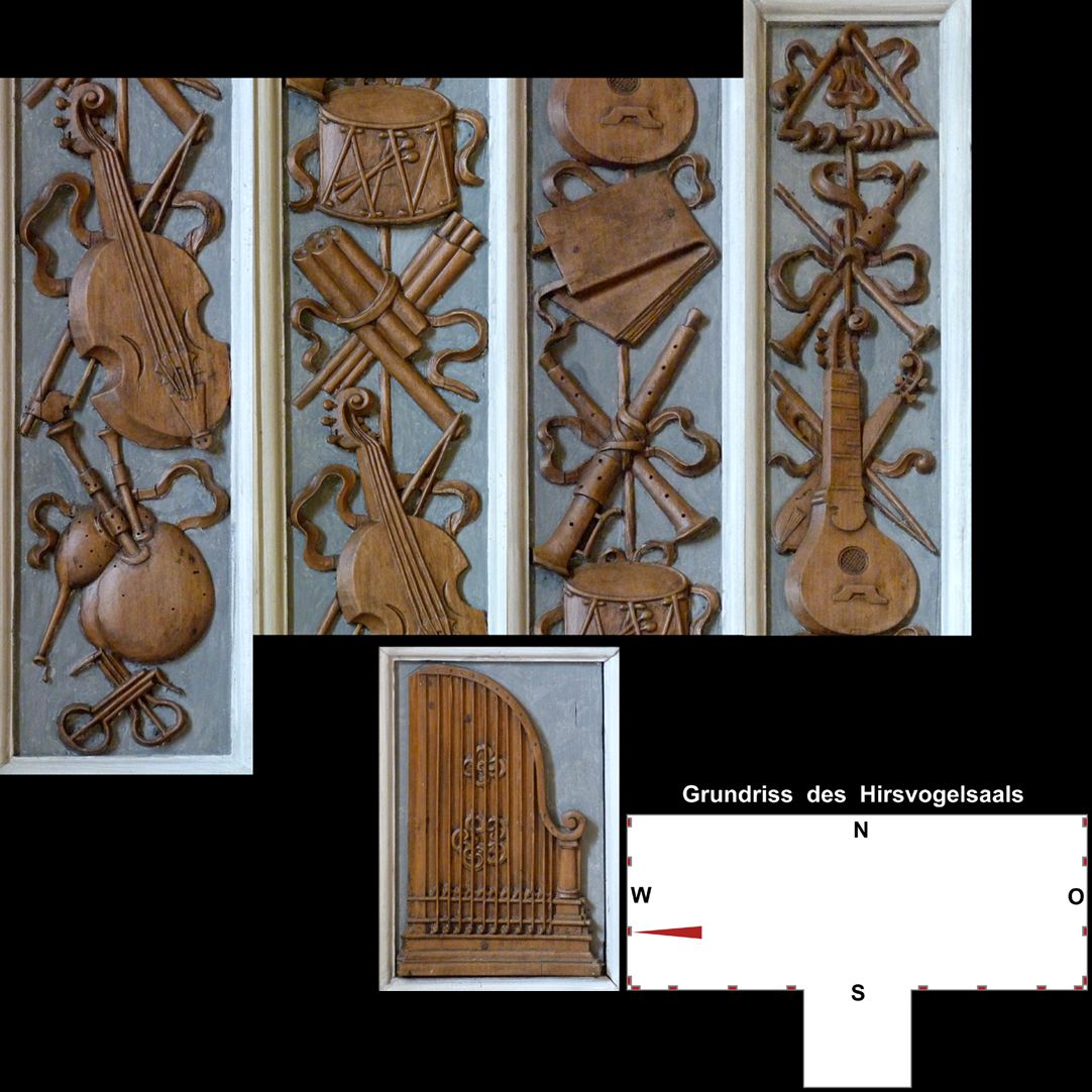 Pilaster sequence in the Hirsvogel Hall top: pilaster segments with jew's harp, bagpipe, stylised viola da gamba with bow, wind instruments, drum, wind instruments, music case, cister with rebec, wind instruments and triangle; postament with clavicytherium (vertical harpsichord)