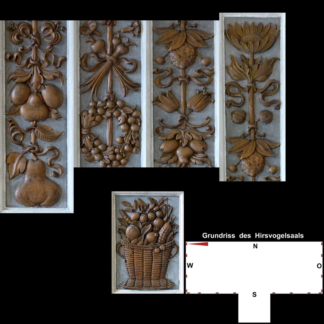 Pilasterabfolge im Hirsvogelsaal oben: Pilastersegmente mit Früchten; unten: Postament mit Früchtekorb