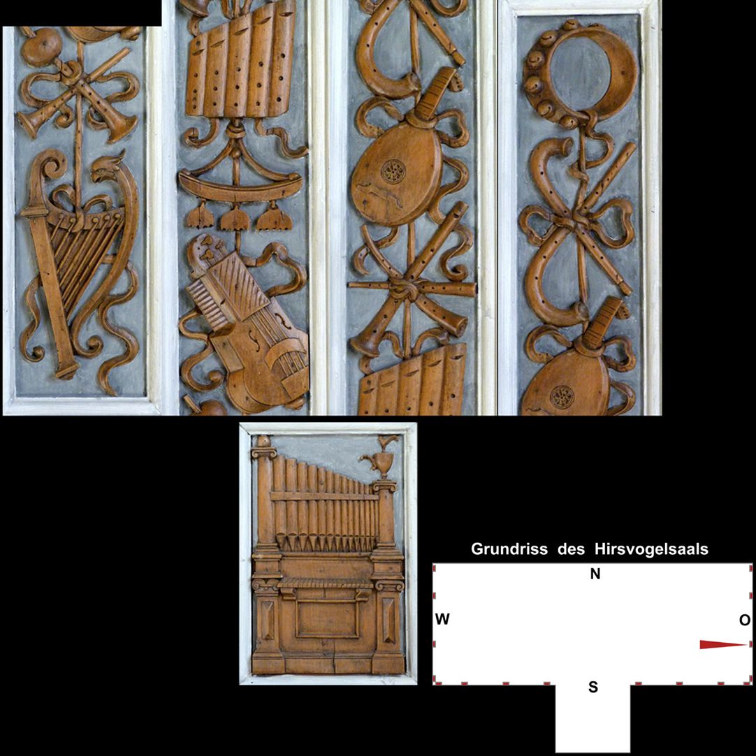 Pilaster sequence in the Hirsvogel Hall top: pilaster segment with stylised Gothic harp, wind instruments, hurdy-gurdy, glockenspiel, panpipe, tines and shawm, lute and tambourine; bottom: Pedestal with organ positive