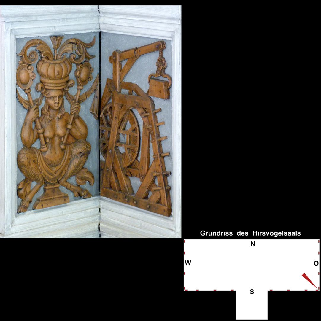 Pilaster sequence in the Hirsvogel Hall Corner postaments, left: faun woman, right: building crane
