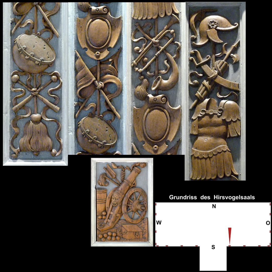 Pilasterabfolge im Hirsvogelsaal oben: Pilastersegmente mit Kriegstrophäen; unten: Postament mit Feldgeschütz