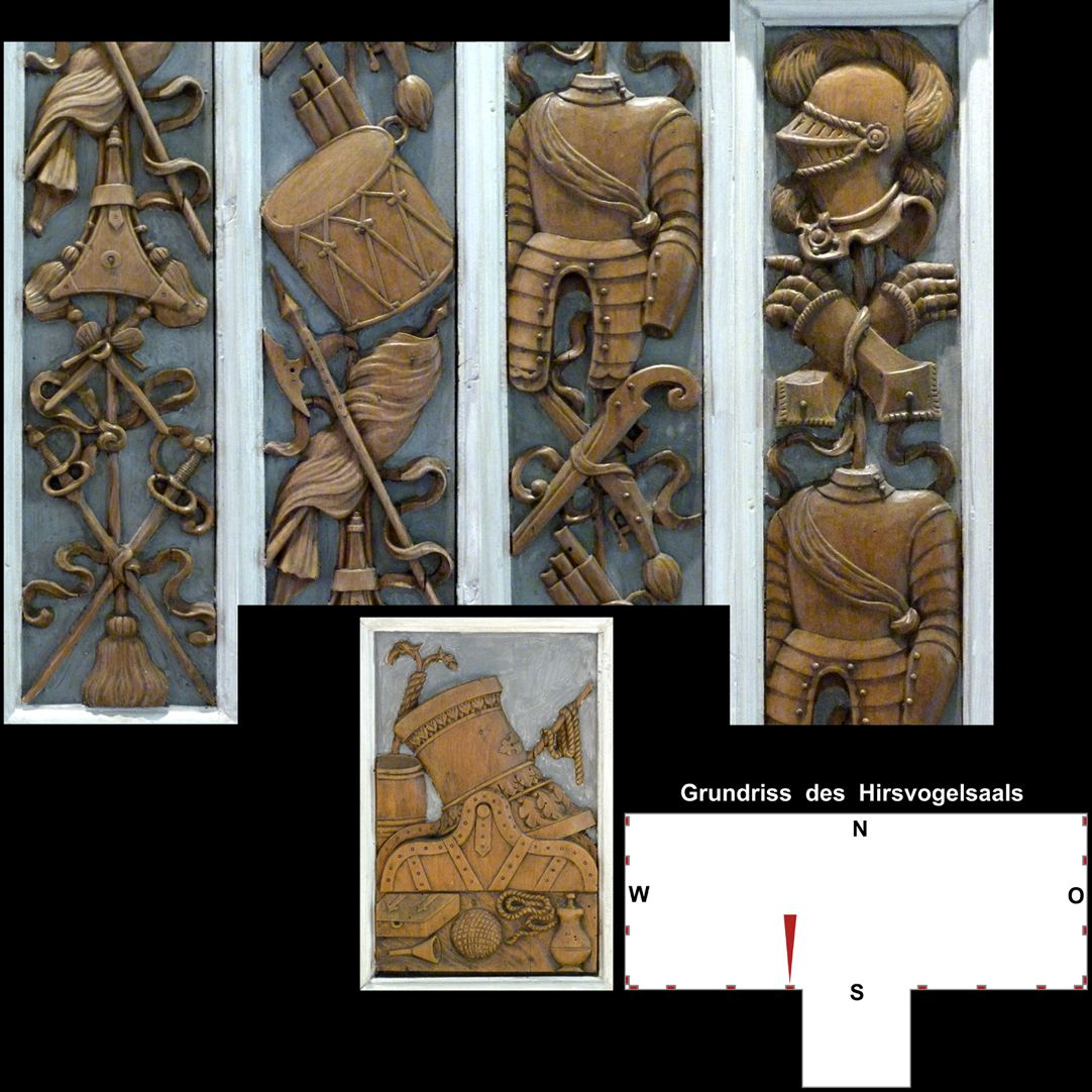 Pilasterabfolge im Hirsvogelsaal oben: Pilastersegmente mit Kriegsgerät und Harnisch; unten: Postament mit Mörser