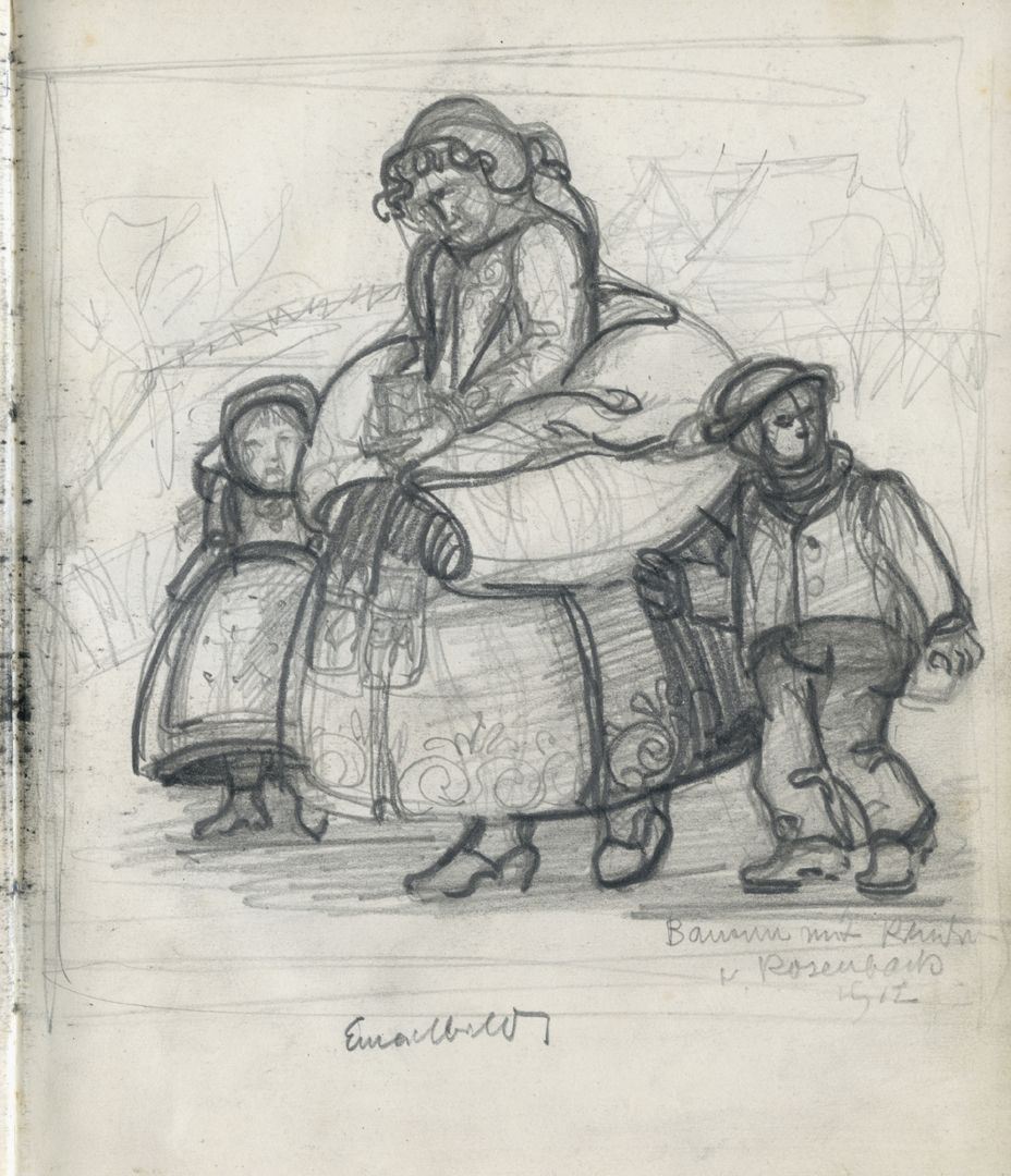 Sketch books A peasant woman with children on the way to church. Inscribed: Farmer's wife with children, Rosenbach 1912 / Enamel pictures